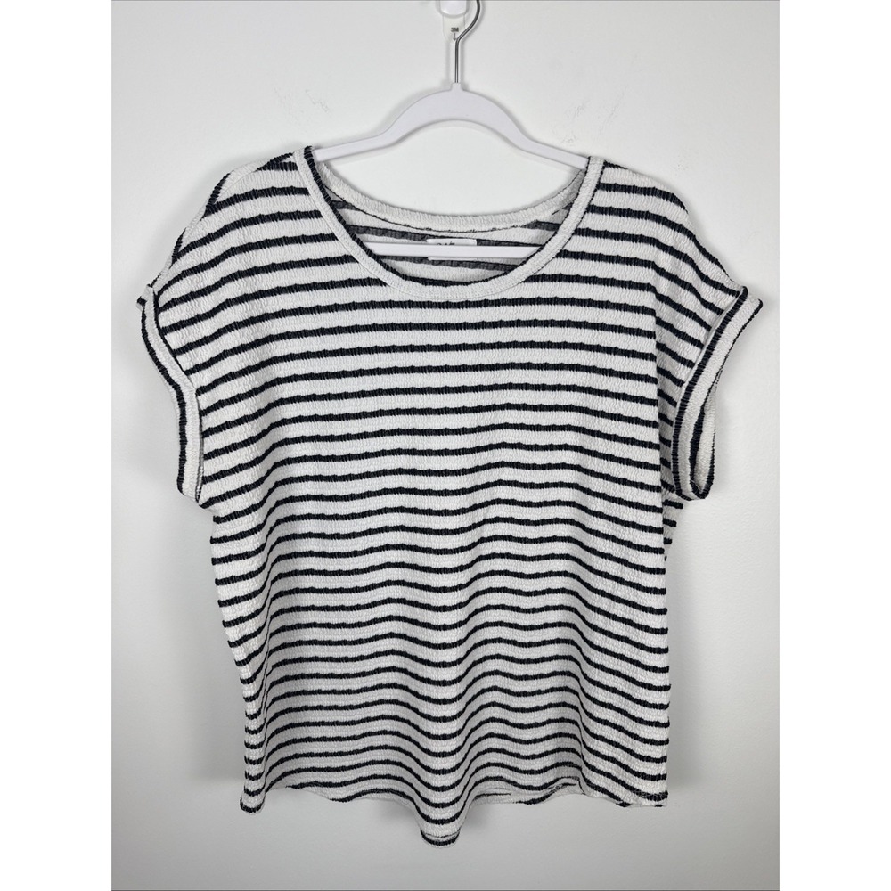 24/7 Short Sleeve Shirt Black & White Striped Women Size L Preppy Lightweight